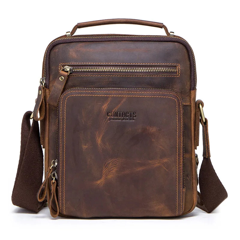 CONTACT'S Crazy Horse Leather Men's Shoulder Bag Vintage Messenger Bags Men Bolsos Male Crossbody Bags Man's Handbag Sling Bag