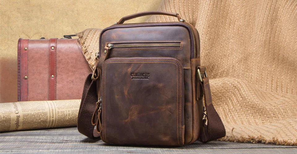 CONTACT'S Crazy Horse Leather Men's Shoulder Bag Vintage Messenger Bags Men Bolsos Male Crossbody Bags Man's Handbag Sling Bag