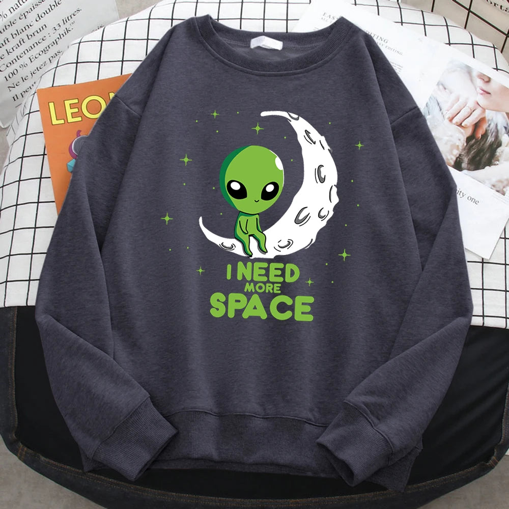 Casual Kawaii Women Sweatshirts I Need More Space Green Alien Print Hoodie Loose Warm Pullover Soft Fleece Ladies Streetwear