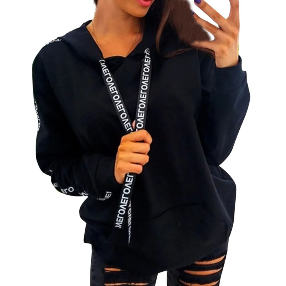 Pullovers Hoodies Women Fashion Cheap Drawstring Loose Thin Letters Ribbon sweatshirt Female Streetwear Dropshipping  ZXP9512