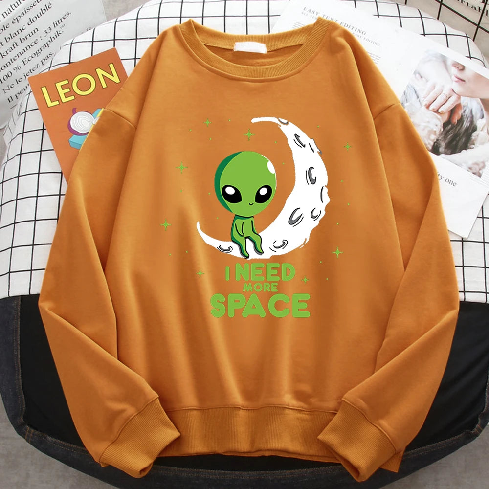 Casual Kawaii Women Sweatshirts I Need More Space Green Alien Print Hoodie Loose Warm Pullover Soft Fleece Ladies Streetwear