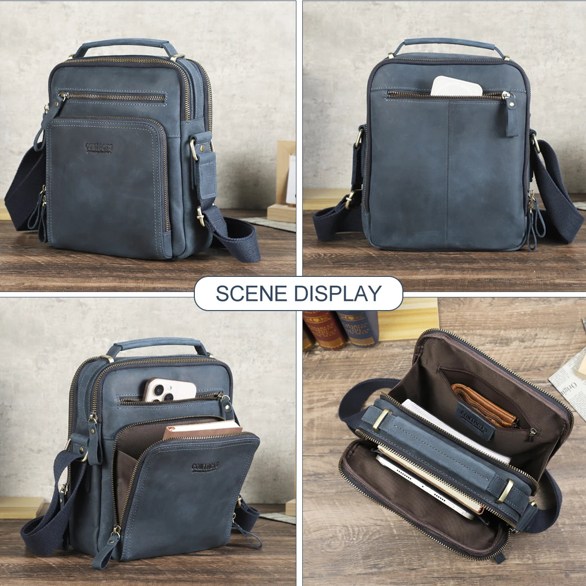 CONTACT'S Crazy Horse Leather Men's Shoulder Bag Vintage Messenger Bags Men Bolsos Male Crossbody Bags Man's Handbag Sling Bag