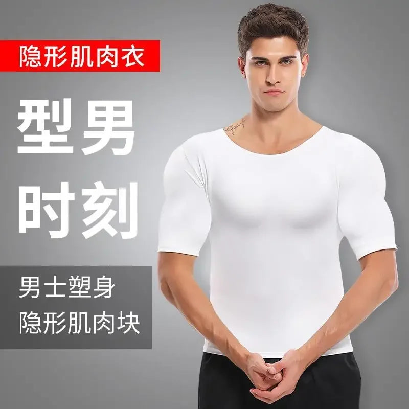 Man Shaper False Muscle Chest T-Shirt Cosplay Bodysuit Elastic Fake Shoulders Padded Underwear Sport Compression T-Shirts Bra