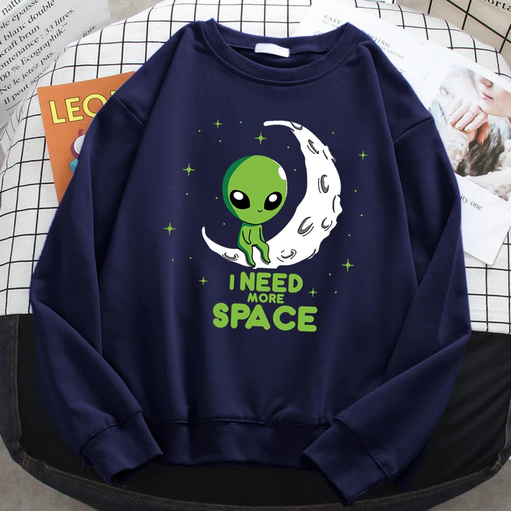 Casual Kawaii Women Sweatshirts I Need More Space Green Alien Print Hoodie Loose Warm Pullover Soft Fleece Ladies Streetwear