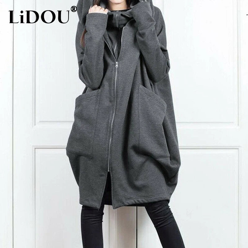 Autumn Winter Oversized Loose Casual Zipper Hoodies Female Fake Two Piece Pocket Cardigan Top Women Coat Outwear Lady Sweatshirt