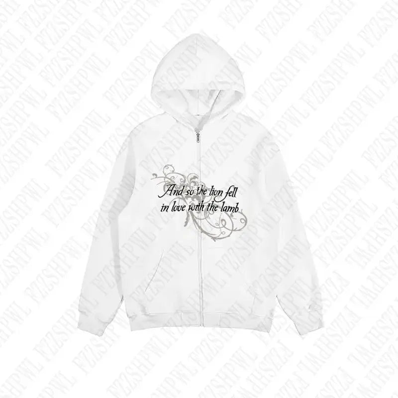 Harajuku Letter print Grunge Goth Y2K Zipup Hoodie Vintage Jacket Hooded Fashion Sweatshirt Streetwear Punk Casual Pullover Top