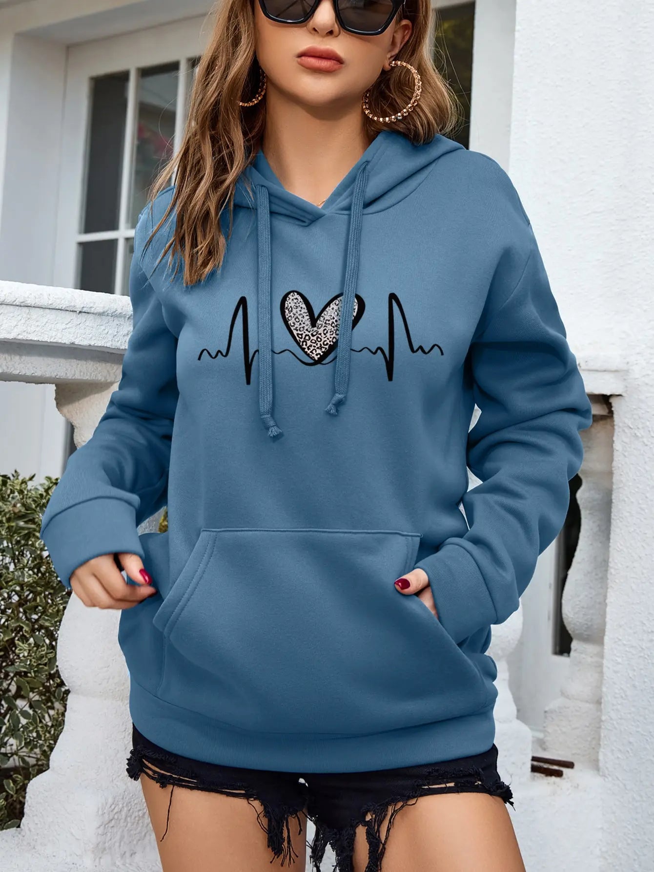 Fluctuating Leopard Heart Electrocardiogram Pattern Hoodie For Women Fashion S-Xxl Hoody Autumn Pocket Clothes Street Casual Top