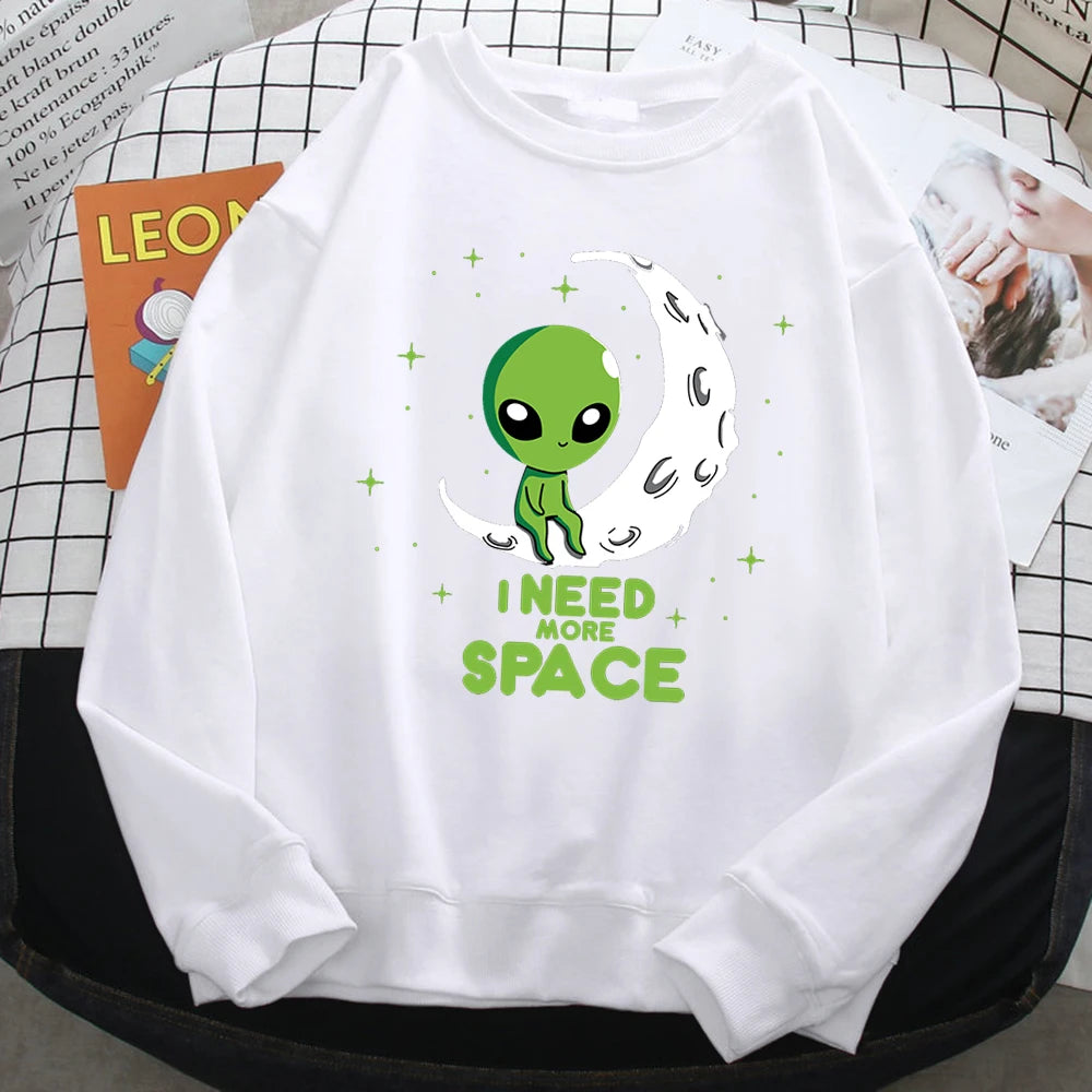 Casual Kawaii Women Sweatshirts I Need More Space Green Alien Print Hoodie Loose Warm Pullover Soft Fleece Ladies Streetwear