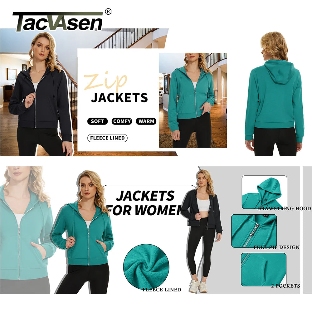 TACVASEN Spring Fashion Short Length Sweatshirts Jacket Women Fleece Lining Full Zip Up Hoodies Casual Jacket Streetwear Outwear